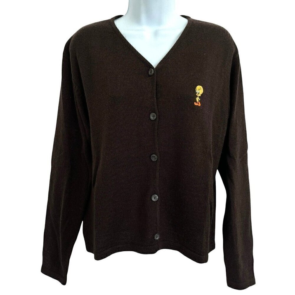 Vtg Warner Bros. Women XL Brown Embroidered Tweety Bird Button Cardigan Sweater